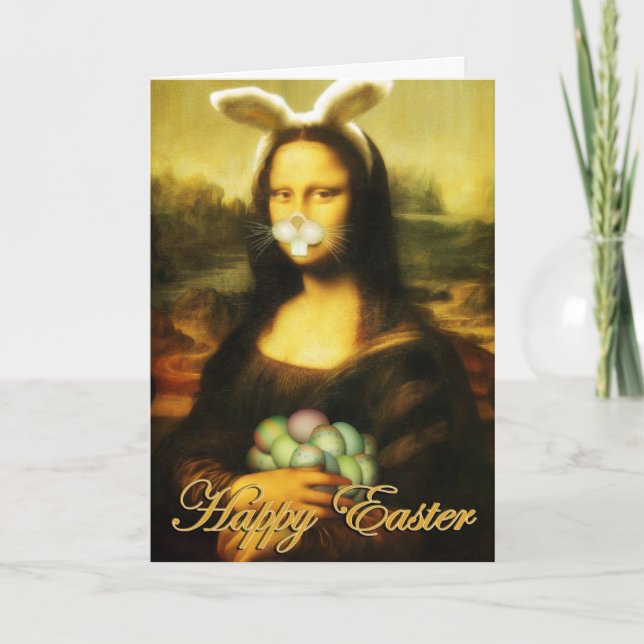 Tarjeta Festiva Mona Lisa Bunny Ears Easter (Anverso)