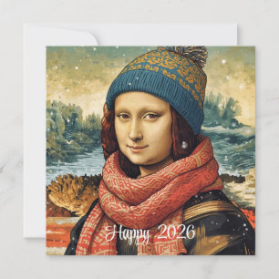 Tarjeta Festiva Mona Lisa con gorro - Feliz 2026