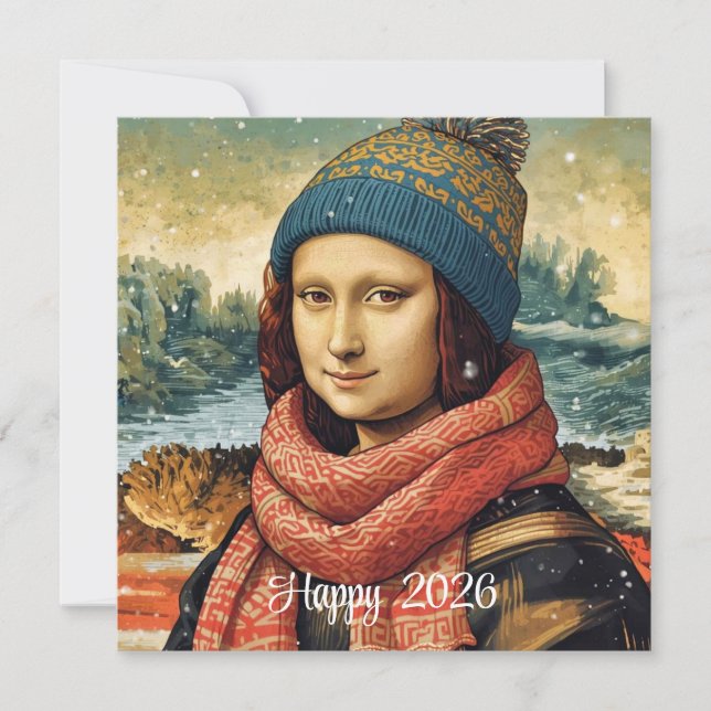 Tarjeta Festiva Mona Lisa con gorro - Feliz 2026 (Anverso)