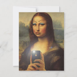 Tarjeta Festiva Mona Lisa haciendo una cara divertida con maquilla