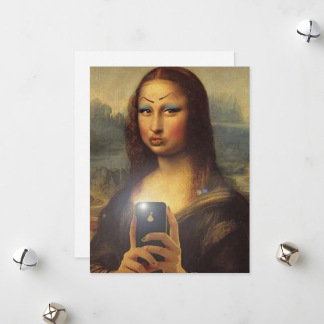 Tarjeta Festiva Mona Lisa haciendo una cara divertida con maquilla (Anverso/Reverso In Situ)