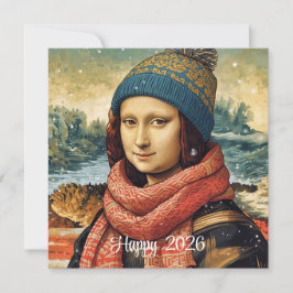 Tarjeta Festiva Mona Lisa  in beanie  - Happy 2026