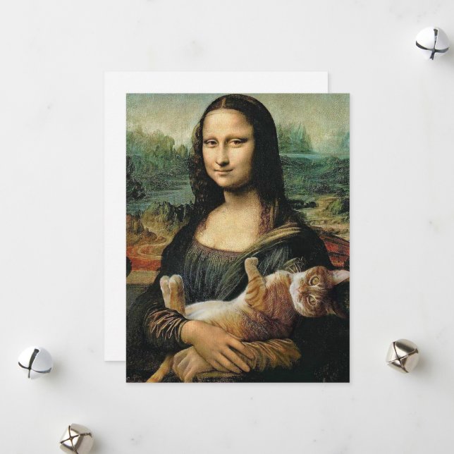 Tarjeta Festiva Mona Lisa sosteniendo a su gato (Anverso/Reverso In Situ)