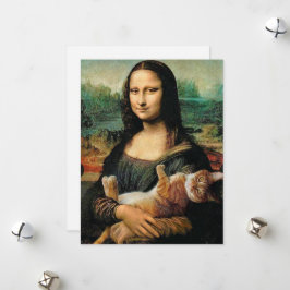 Tarjeta Festiva Mona Lisa sosteniendo a su gato