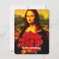 Mona Lisa sosteniendo rosas rojas Feliz cumpleaños