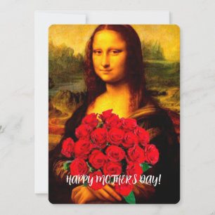 Tarjeta Festiva Mona Lisa sosteniendo rosas rojas feliz Día de la 