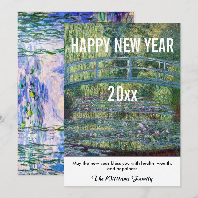 Tarjeta Festiva Monet - Feliz Año Nuevo y el estanque de Lily del  (Anverso / Reverso)