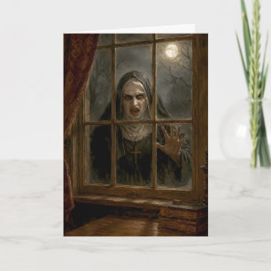 Tarjeta Festiva Monja espeluznante en la ventana embrujada terror 
