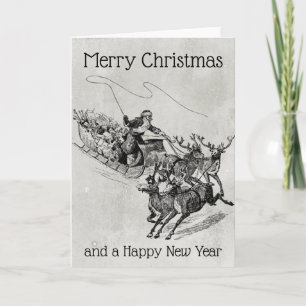 Tarjeta Festiva Monocromo de Santa Claus Sleigh y Reindee Old Worl