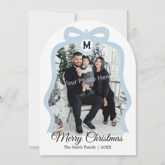 Tarjeta Festiva Monogram Bow Photo Christmas Flat Card - Blue