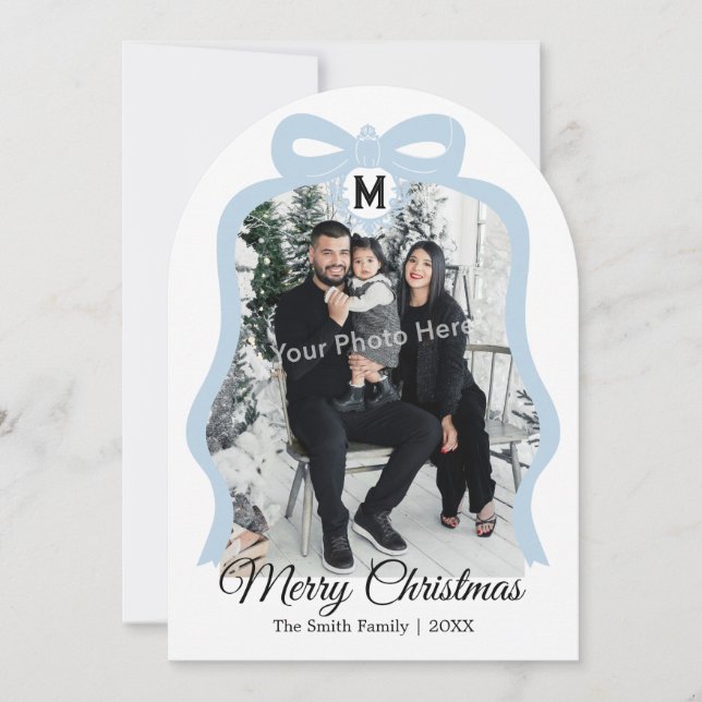 Tarjeta Festiva Monogram Bow Photo Christmas Flat Card - Blue (Anverso)