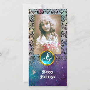 Tarjeta Festiva Monograma Aquamarino NEGRO Y AZUL DAMASCA