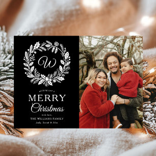 Tarjeta Festiva Monograma Black Wreath Merry Christmas Photo