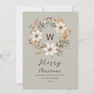 Tarjeta Festiva Monograma Boho Natural Winter Wreath Navidades