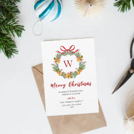 Tarjeta Festiva Monograma Citrus Wreath Navidades no fotográficos