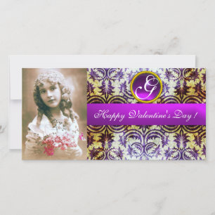 Tarjeta Festiva Monograma de Ametría ANTIGUA PURPLE DAMASK