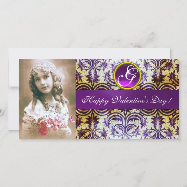 Tarjeta Festiva Monograma de Ametría ANTIGUA PURPLE DAMASK (Anverso)