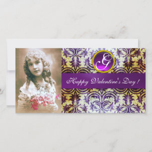 Tarjeta Festiva Monograma de Ametría ANTIGUA PURPLE DAMASK