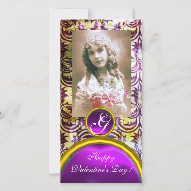 Tarjeta Festiva Monograma de Ametría ANTIGUA PURPLE DAMASK (Anverso)