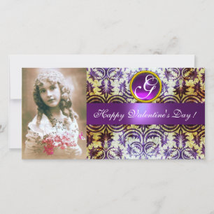Tarjeta Festiva Monograma de Ametría ANTIGUA PURPLE DAMASK