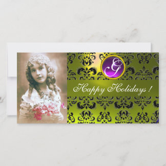 Tarjeta Festiva Monograma de Ametría de DAMASK NEGRO Y AMARILLO
