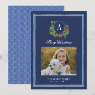 Tarjeta Festiva Monograma de color de agua Navidades de cresta fam