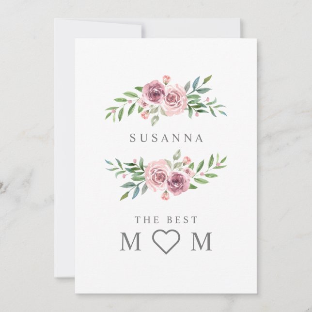 Tarjeta Festiva Monograma de floral de mejor mamá romántica en ros (Anverso)