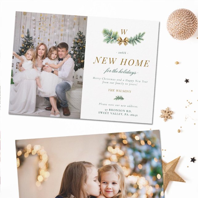 Tarjeta Festiva Monograma de la familia que se mueve con arco de o (green gold elegant holidays christmas moving announcement card two photos modern calligraphy classy)