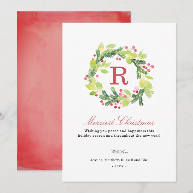 Tarjeta Festiva Monograma de Merriest Navidades Wreath (Anverso / Reverso)