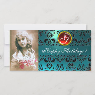 Tarjeta Festiva Monograma de rubí rojo NEGRO Y AZUL