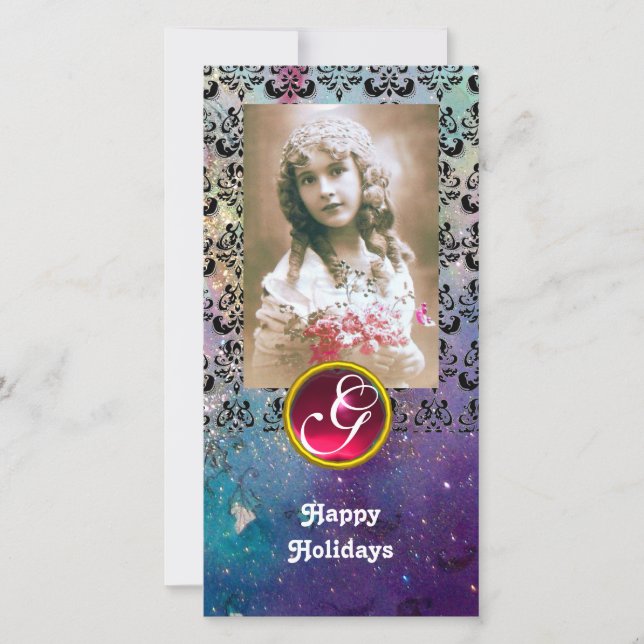 Tarjeta Festiva Monograma de rubí rojo NEGRO Y AZUL (Anverso)