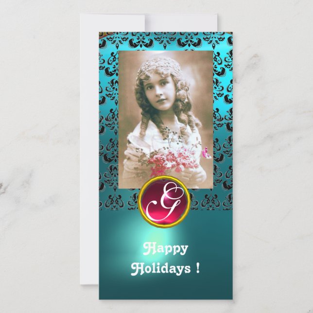 Tarjeta Festiva Monograma de rubí rojo NEGRO Y AZUL (Anverso)