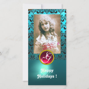 Tarjeta Festiva Monograma de rubí rojo NEGRO Y AZUL