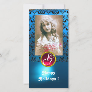 Tarjeta Festiva Monograma de rubí rojo NEGRO Y AZUL