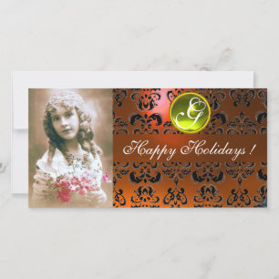 Tarjeta Festiva Monograma de Topacio amarillo NEGRO Y NARANJA DAMA