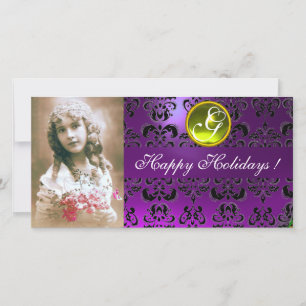 Tarjeta Festiva Monograma de topacio amarillo NEGRO Y PURPLE DAMAS