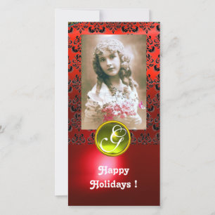 Tarjeta Festiva Monograma de Topacio Amarillo NEGRO Y ROJO