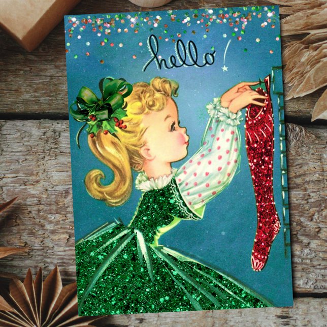 Tarjeta Festiva Monograma del purpurina de calcetines rojos de Nav (Subido por el creador)
