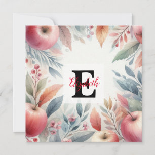 Tarjeta Festiva Monograma Denominación Hojas de otoño y manzanas a