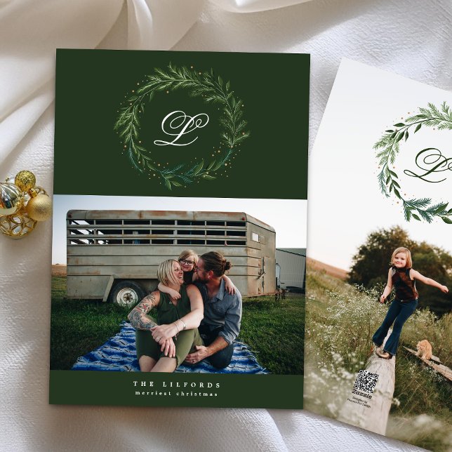 Tarjeta Festiva Monograma Dos del Green Classic Wreath (Subido por el creador)