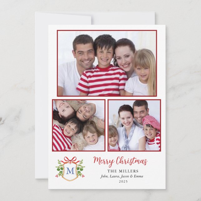 Tarjeta Festiva Monograma Escudo Fotos múltiples Saludos de Navida (Anverso)