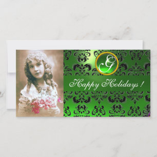 Tarjeta Festiva Monograma esmeralda NEGRO Y VERDE