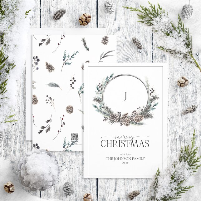 Tarjeta Festiva Monograma Invierno Negro Berry Wreath Feliz Navida (Subido por el creador)