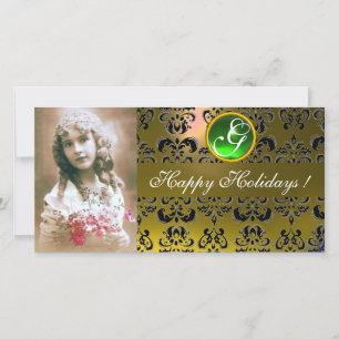 Tarjeta Festiva Monograma verde esmeralda NEGRO Y AMARILLO