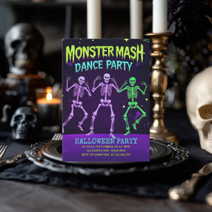 Tarjeta Festiva Monster Mash Dance Fiesta   Neon Skeleton