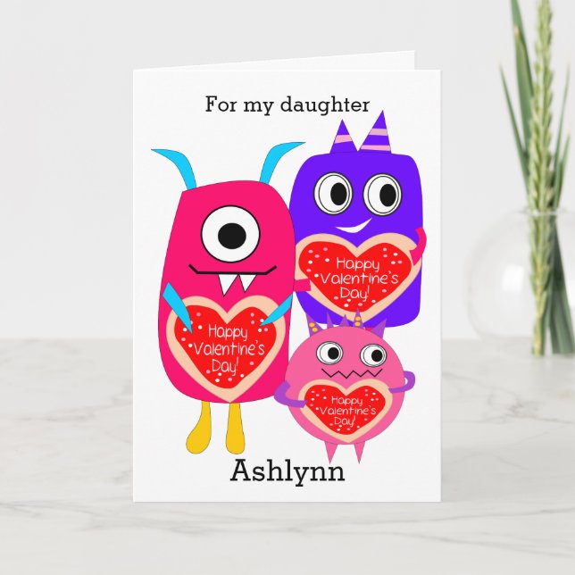 Tarjeta Festiva Monstruo rosa morado feliz hija de San Valentín (Anverso)