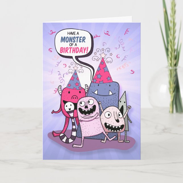 Tarjeta Festiva Monstruos Personalizados rosados y morados de cump (Anverso)