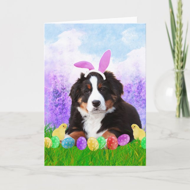 Tarjeta Festiva Montaña Bernesa con huevos de Pascua y pollitos co (Anverso)