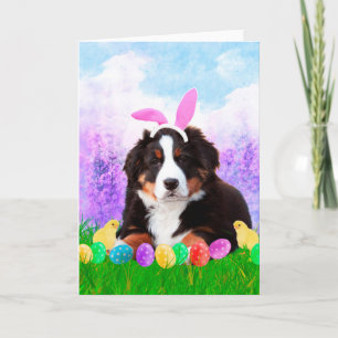 Tarjeta Festiva Montaña Bernesa con huevos de Pascua y pollitos co