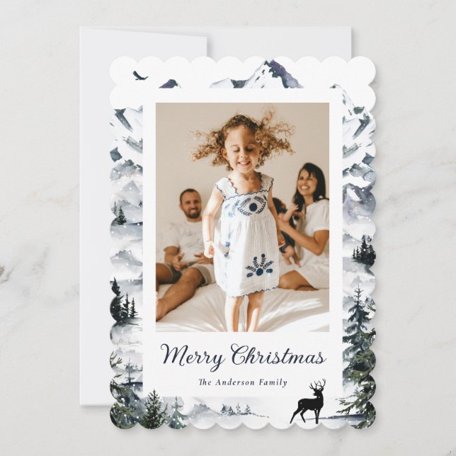 Tarjeta Festiva Montaña Forest Deer Foto Merry Christmas Card (Anverso)